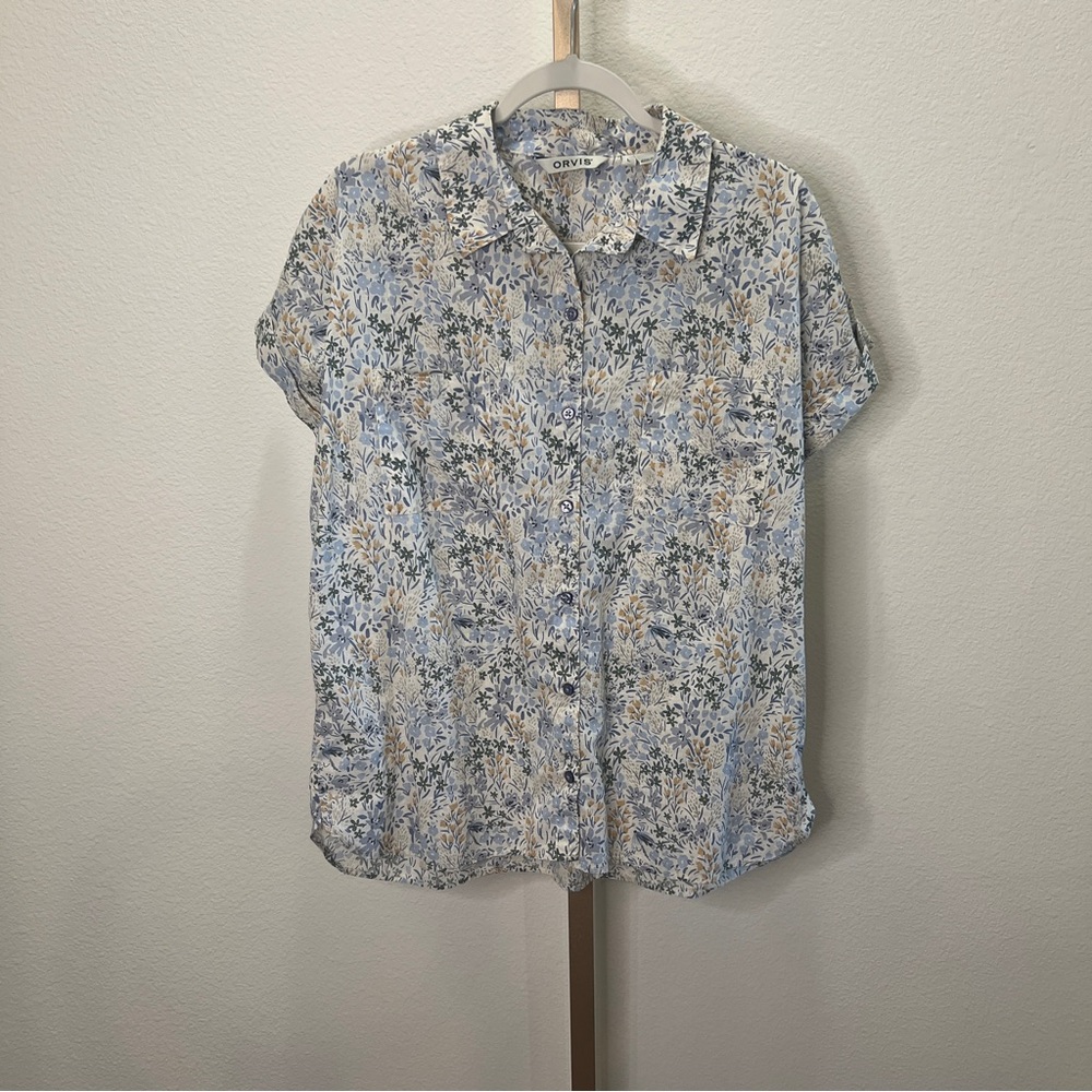 Orvis Short Sleeve Button Down Camp Shirt Multi colored Floral Print Large